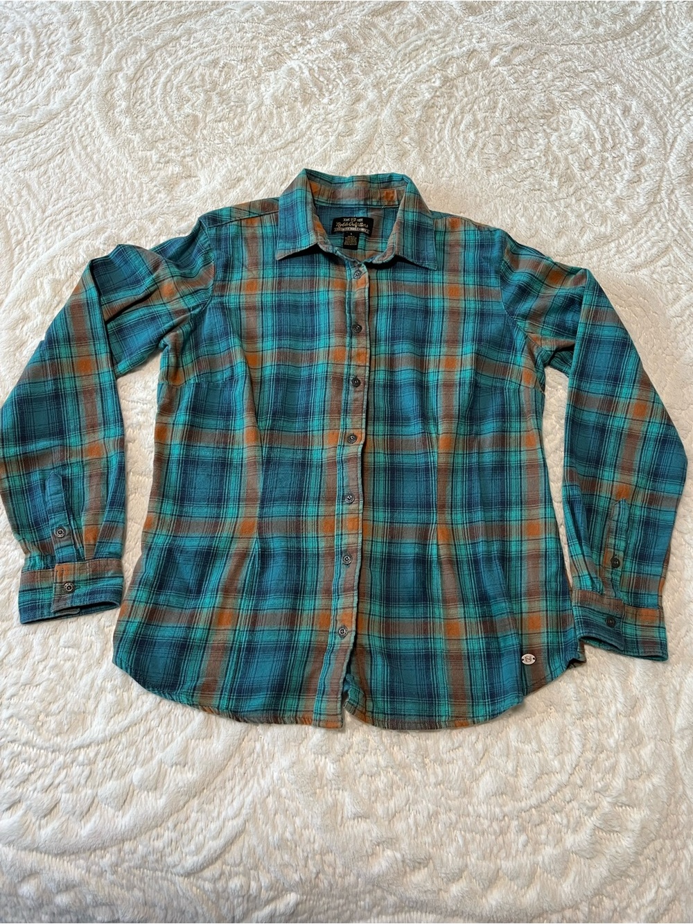 Noble Outfitters Teal and Brown Plaid Button-Down Flannel Size Large